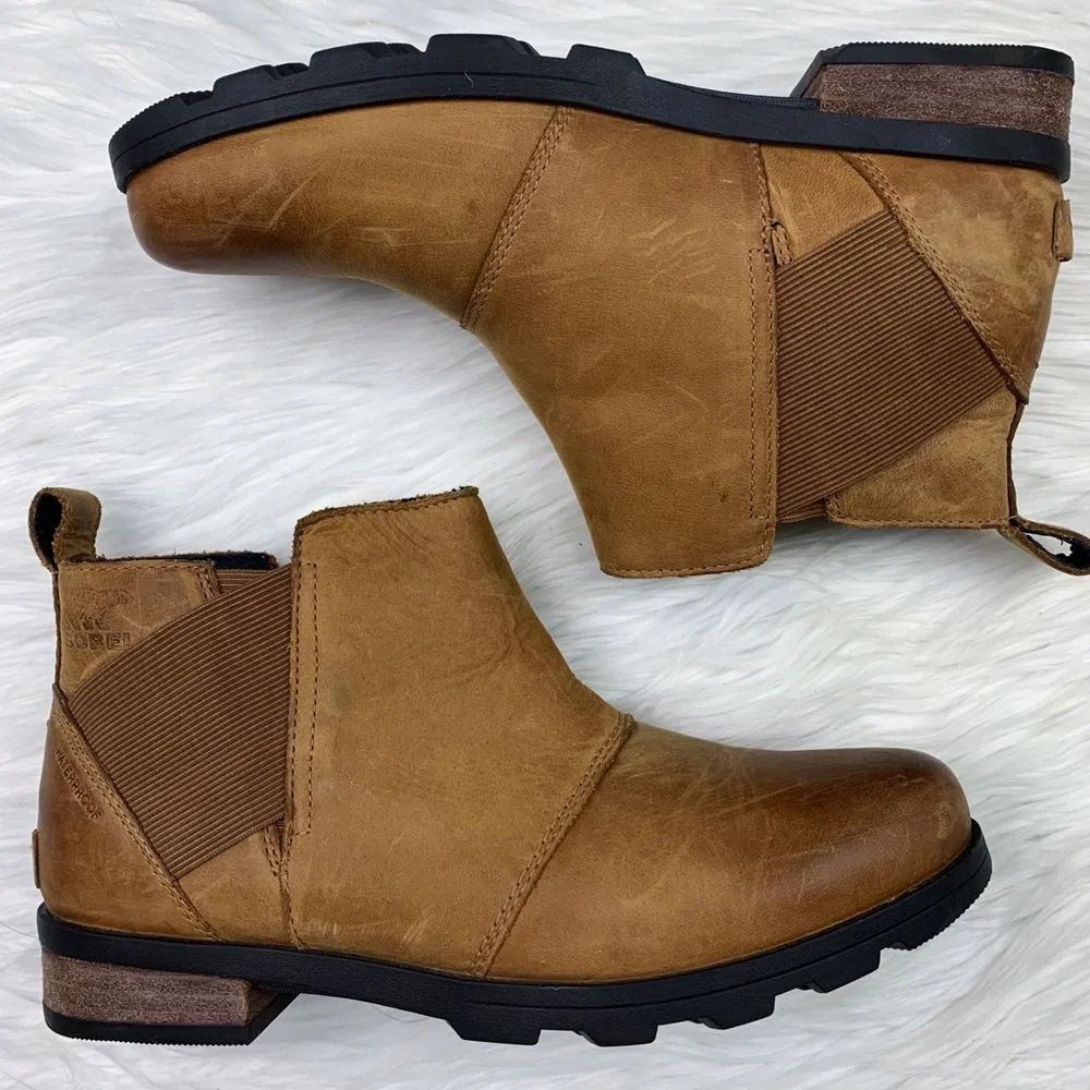 Sorel Emelie Chelsea Waterproof Leather Ankle Rain Boot Camel Brown 7.5